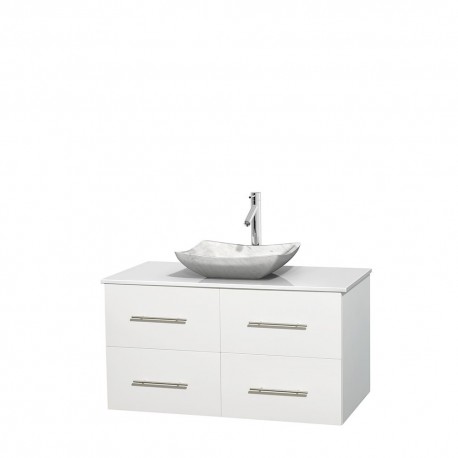 42 inch Single Bathroom Vanity in Matte White, White Man-Made Stone Countertop, Avalon White Carrera Marble Sink, and No Mirror