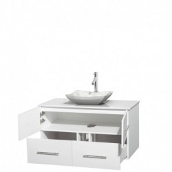 42 inch Single Bathroom Vanity in Matte White, White Man-Made Stone Countertop, Avalon White Carrera Marble Sink, and No Mirror