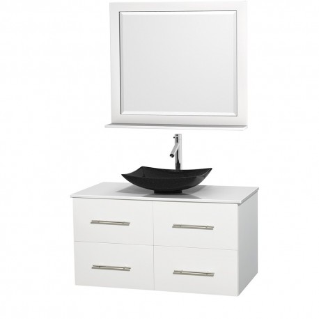 42 inch Single Bathroom Vanity in Matte White, White Man-Made Stone Countertop, Arista Black Granite Sink, and 36 inch Mirror