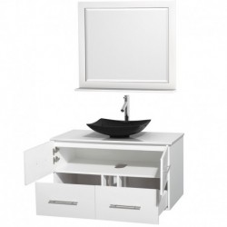 42 inch Single Bathroom Vanity in Matte White, White Man-Made Stone Countertop, Arista Black Granite Sink, and 36 inch Mirror