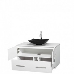 42 inch Single Bathroom Vanity in Matte White, White Man-Made Stone Countertop, Arista Black Granite Sink, and No Mirror