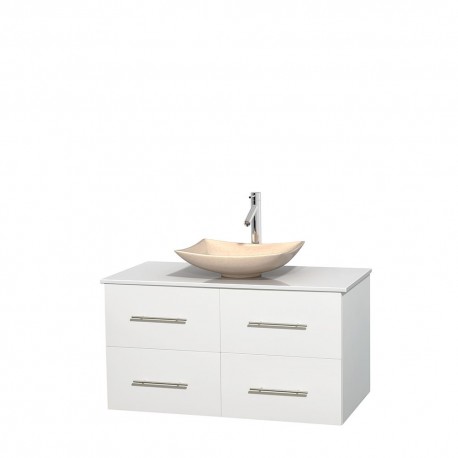 42 inch Single Bathroom Vanity in Matte White, White Man-Made Stone Countertop, Arista Ivory Marble Sink, and No Mirror