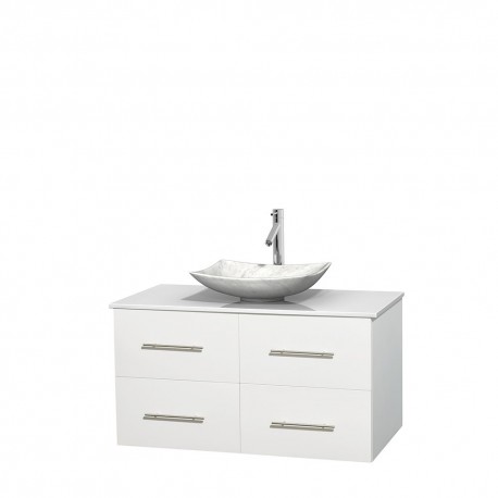 42 inch Single Bathroom Vanity in Matte White, White Man-Made Stone Countertop, Arista White Carrera Marble Sink, and No Mirror