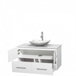 42 inch Single Bathroom Vanity in Matte White, White Man-Made Stone Countertop, Arista White Carrera Marble Sink, and No Mirror