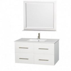 42 inch Single Bathroom Vanity in Matte White, White Man-Made Stone Countertop, Undermount Square Sink, and 36 inch Mirror