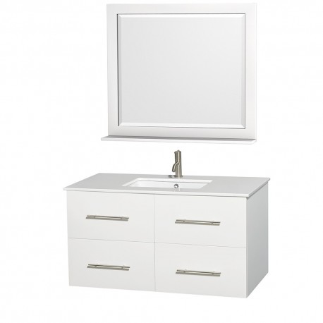 42 inch Single Bathroom Vanity in Matte White, White Man-Made Stone Countertop, Undermount Square Sink, and 36 inch Mirror
