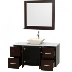 48 inch Single Bathroom Vanity in Espresso, White Carrera Marble Countertop, Pyra Bone Porcelain Sink, and 36 inch Mirror
