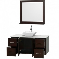 48 inch Single Bathroom Vanity in Espresso, White Carrera Marble Countertop, Pyra White Porcelain Sink, and 36 inch Mirror
