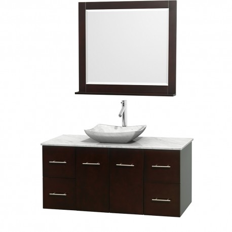 48 inch Single Bathroom Vanity in Espresso, White Carrera Marble Countertop, Avalon White Carrera Marble Sink, and 36 inch Mirr