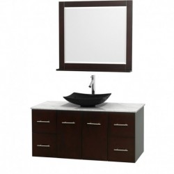 48 inch Single Bathroom Vanity in Espresso, White Carrera Marble Countertop, Arista Black Granite Sink, and 36 inch Mirror