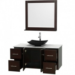 48 inch Single Bathroom Vanity in Espresso, White Carrera Marble Countertop, Arista Black Granite Sink, and 36 inch Mirror