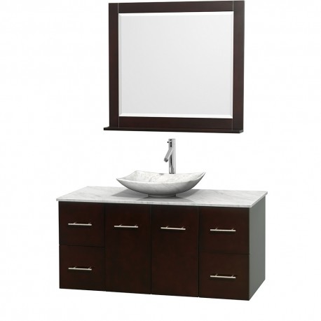 48 inch Single Bathroom Vanity in Espresso, White Carrera Marble Countertop, Arista White Carrera Marble Sink, and 36 inch Mirr
