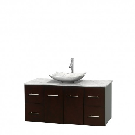 48 inch Single Bathroom Vanity in Espresso, White Carrera Marble Countertop, Arista White Carrera Marble Sink, and No Mirror