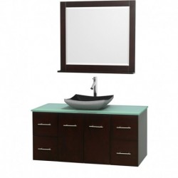 48 inch Single Bathroom Vanity in Espresso, Green Glass Countertop, Altair Black Granite Sink, and 36 inch Mirror