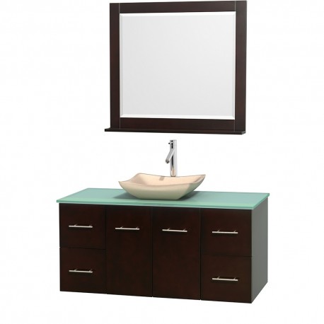 48 inch Single Bathroom Vanity in Espresso, Green Glass Countertop, Avalon Ivory Marble Sink, and 36 inch Mirror