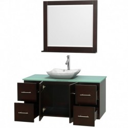 48 inch Single Bathroom Vanity in Espresso, Green Glass Countertop, Avalon White Carrera Marble Sink, and 36 inch Mirror
