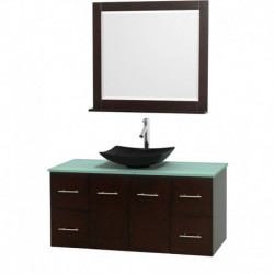 48 inch Single Bathroom Vanity in Espresso, Green Glass Countertop, Arista Black Granite Sink, and 36 inch Mirror