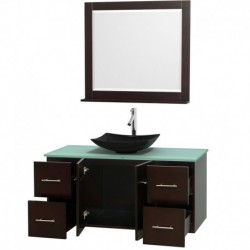 48 inch Single Bathroom Vanity in Espresso, Green Glass Countertop, Arista Black Granite Sink, and 36 inch Mirror