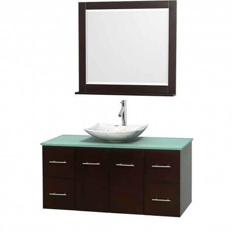 48 inch Single Bathroom Vanity in Espresso, Green Glass Countertop, Arista White Carrera Marble Sink, and 36 inch Mirror
