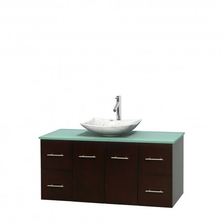 48 inch Single Bathroom Vanity in Espresso, Green Glass Countertop, Arista White Carrera Marble Sink, and No Mirror