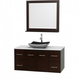 48 inch Single Bathroom Vanity in Espresso, White Man-Made Stone Countertop, Altair Black Granite Sink, and 36 inch Mirror