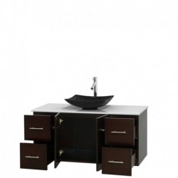 48 inch Single Bathroom Vanity in Espresso, White Man-Made Stone Countertop, Arista Black Granite Sink, and No Mirror