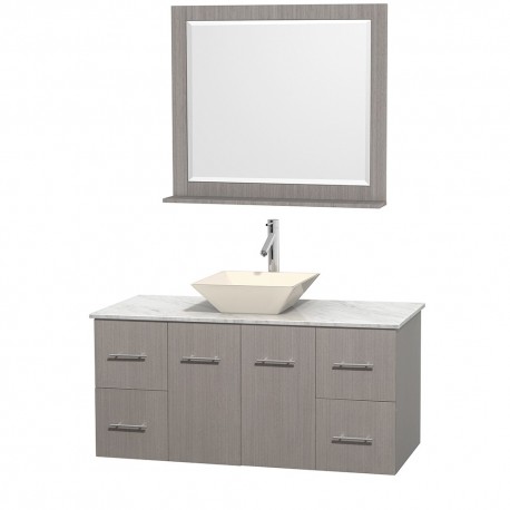 48 inch Single Bathroom Vanity in Gray Oak, White Carrera Marble Countertop, Pyra Bone Porcelain Sink, and 36 inch Mirror