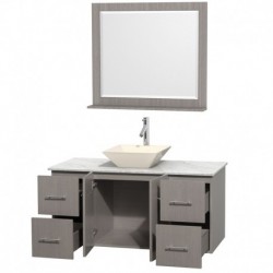 48 inch Single Bathroom Vanity in Gray Oak, White Carrera Marble Countertop, Pyra Bone Porcelain Sink, and 36 inch Mirror