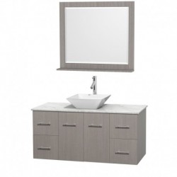48 inch Single Bathroom Vanity in Gray Oak, White Carrera Marble Countertop, Pyra White Porcelain Sink, and 36 inch Mirror