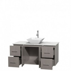 48 inch Single Bathroom Vanity in Gray Oak, White Carrera Marble Countertop, Pyra White Porcelain Sink, and No Mirror