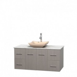 48 inch Single Bathroom Vanity in Gray Oak, White Carrera Marble Countertop, Avalon Ivory Marble Sink, and No Mirror