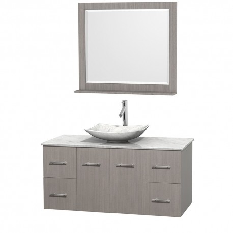 48 inch Single Bathroom Vanity in Gray Oak, White Carrera Marble Countertop, Arista White Carrera Marble Sink, and 36 inch Mirr