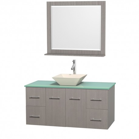 48 inch Single Bathroom Vanity in Gray Oak, Green Glass Countertop, Pyra Bone Porcelain Sink, and 36 inch Mirror