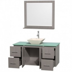 48 inch Single Bathroom Vanity in Gray Oak, Green Glass Countertop, Pyra Bone Porcelain Sink, and 36 inch Mirror