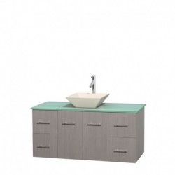 48 inch Single Bathroom Vanity in Gray Oak, Green Glass Countertop, Pyra Bone Porcelain Sink, and No Mirror