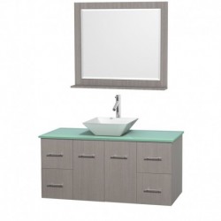 48 inch Single Bathroom Vanity in Gray Oak, Green Glass Countertop, Pyra White Porcelain Sink, and 36 inch Mirror