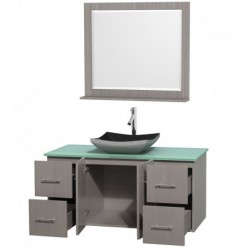 48 inch Single Bathroom Vanity in Gray Oak, Green Glass Countertop, Altair Black Granite Sink, and 36 inch Mirror