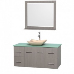 48 inch Single Bathroom Vanity in Gray Oak, Green Glass Countertop, Avalon Ivory Marble Sink, and 36 inch Mirror