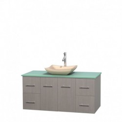 48 inch Single Bathroom Vanity in Gray Oak, Green Glass Countertop, Avalon Ivory Marble Sink, and No Mirror