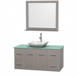 48 inch Single Bathroom Vanity in Gray Oak, Green Glass Countertop, Avalon White Carrera Marble Sink, and 36 inch Mirror