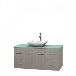 48 inch Single Bathroom Vanity in Gray Oak, Green Glass Countertop, Avalon White Carrera Marble Sink, and No Mirror