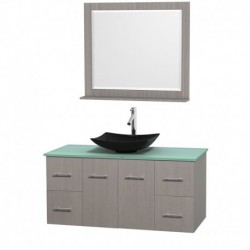 48 inch Single Bathroom Vanity in Gray Oak, Green Glass Countertop, Arista Black Granite Sink, and 36 inch Mirror