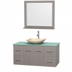48 inch Single Bathroom Vanity in Gray Oak, Green Glass Countertop, Arista Ivory Marble Sink, and 36 inch Mirror