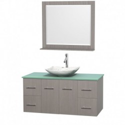 48 inch Single Bathroom Vanity in Gray Oak, Green Glass Countertop, Arista White Carrera Marble Sink, and 36 inch Mirror