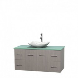 48 inch Single Bathroom Vanity in Gray Oak, Green Glass Countertop, Arista White Carrera Marble Sink, and No Mirror