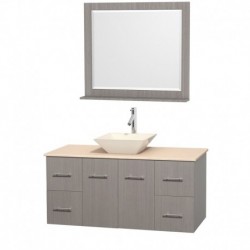 48 inch Single Bathroom Vanity in Gray Oak, Ivory Marble Countertop, Pyra Bone Porcelain Sink, and 36 inch Mirror