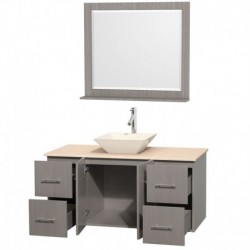 48 inch Single Bathroom Vanity in Gray Oak, Ivory Marble Countertop, Pyra Bone Porcelain Sink, and 36 inch Mirror