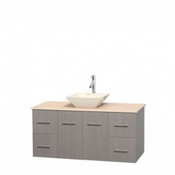 48 inch Single Bathroom Vanity in Gray Oak, Ivory Marble Countertop, Pyra Bone Porcelain Sink, and No Mirror