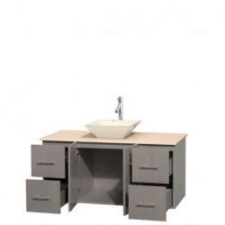 48 inch Single Bathroom Vanity in Gray Oak, Ivory Marble Countertop, Pyra Bone Porcelain Sink, and No Mirror