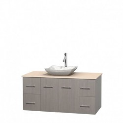 48 inch Single Bathroom Vanity in Gray Oak, Ivory Marble Countertop, Avalon White Carrera Marble Sink, and No Mirror